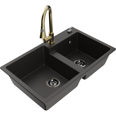 Mexen Tomas chiuvetă de granit cu 2 compartimente cu baterie de bucătărie Elia, negru/auriu metalic - 6516-75-670101-50-B