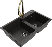 Mexen Tomas chiuvetă de granit cu 2 compartimente cu baterie de bucătărie Elia, negru/auriu metalic - 6516-75-670101-50-B