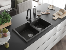 Mexen Tomas chiuvetă de bucătărie din granit cu 2 compartimente și baterie Elia, negru/auriu metalic - 6516-75-670101-70