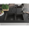 Mexen Tomas chiuvetă de granit cu 2 compartimente și baterie de bucătărie Elia, negru/auriu metalic - 6516-75-670101-70-B