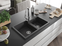 Mexen Tomas chiuvetă de granit cu 2 compartimente cu baterie de bucătărie Elia, negru pătat - 6516-76-670101-00