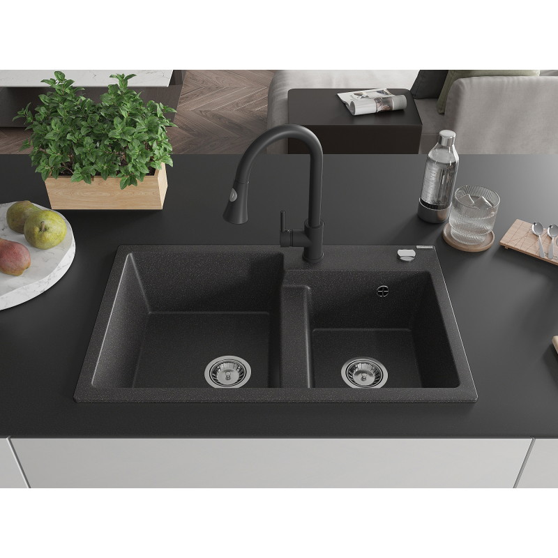 Mexen Tomas chiuvetă de granit cu 2 cuve și baterie de bucătărie Elia, negru pătat - 6516-76-670101-70
