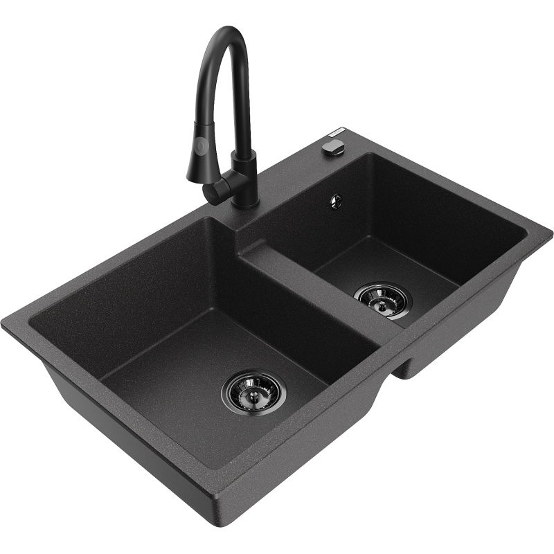 Mexen Tomas chiuvetă de bucătărie din granit cu 2 compartimente și baterie de bucătărie Elia, negru pătat