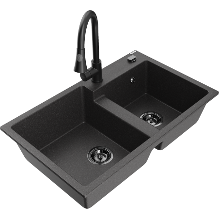 Mexen Tomas chiuvetă de bucătărie din granit cu 2 compartimente și baterie de bucătărie Elia, negru pătat