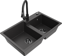 Mexen Tomas chiuvetă de bucătărie din granit cu 2 compartimente și baterie de bucătărie Elia, negru pătat