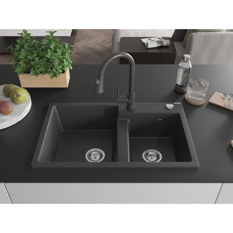 Mexen Tomas chiuvetă de bucătărie din granit cu 2 compartimente și robinet de bucătărie Elia, negru cu pete - 6516-76-670101-76