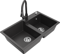 Mexen Tomas gránit konyhai mosogató 2 medencés Elia csapteleppel, fekete pöttyös - 6516-76-670101-76