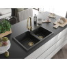 Mexen Tomas chiuvetă de granit cu 2 compartimente și baterie de bucătărie Elia, negru - 6516-77-670101-50