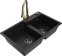 Mexen Tomas chiuvetă din granit cu 2 compartimente și baterie de bucătărie Elia, negru - 6516-77-670101-50-B