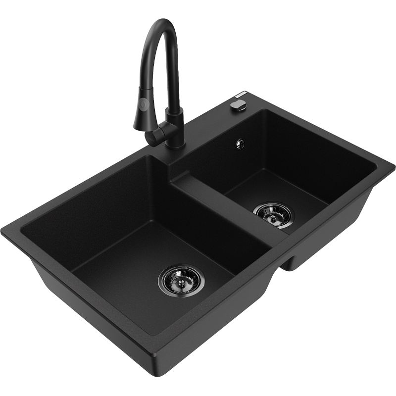 Chiuvetă granit Mexen Tomas cu 2 camere și baterie de bucătărie Elia, neagră - 6516-77-670101-70-B