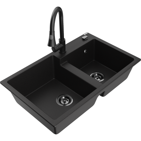 Chiuvetă granit Mexen Tomas cu 2 camere și baterie de bucătărie Elia, neagră - 6516-77-670101-70-B