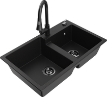 Mexen Tomas chiuvetă de bucătărie din granit cu 2 compartimente și baterie Elia, neagră - 6516-77-670101-70-B