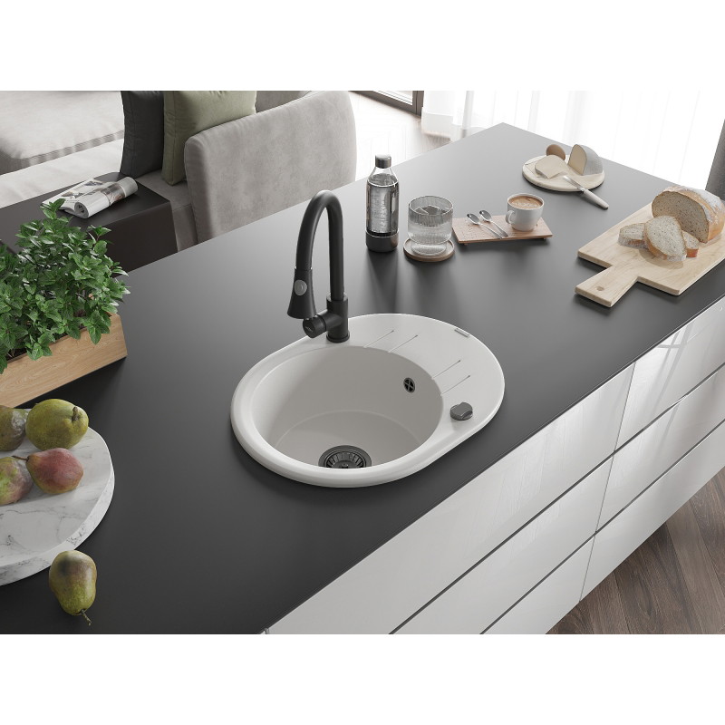 Mexen Kevin chiuvetă de granit cu 1 cuvă, scurgător și baterie bucătărie Elia, alb - 6517-20-670101-70