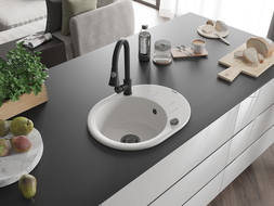 Mexen Kevin egymedencés gránit mosogató csepegtetővel és Elia konyhai csapteleppel, fehér - 6517-20-670101-70