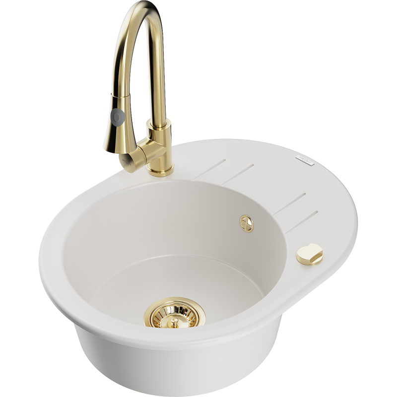 Mexen Kevin chiuvetă granitică cu 1 compartiment cu scurgător și baterie de bucătărie Elia, alb - 6517-20-670101-50