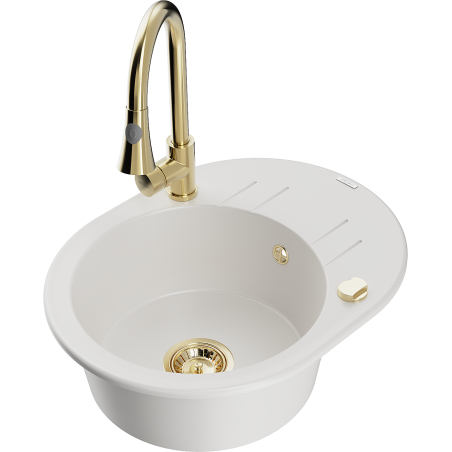 Mexen Kevin chiuvetă granitică cu 1 compartiment cu scurgător și baterie de bucătărie Elia, alb - 6517-20-670101-50