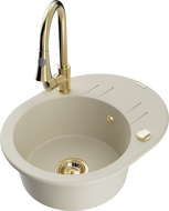 Mexen Kevin chiuvetă de granit cu 1 compartiment și scurgător și baterie de bucătărie Elia, bej - 6517-69-670101-50