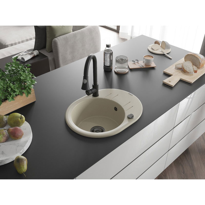 Mexen Kevin chiuvetă de granit cu 1 compartiment cu scurgător și baterie de bucătărie Elia, bej - 6517-69-670101-70