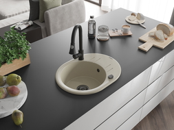 Mexen Kevin chiuvetă de granit cu 1 compartiment cu scurgător și baterie de bucătărie Elia, bej - 6517-69-670101-70