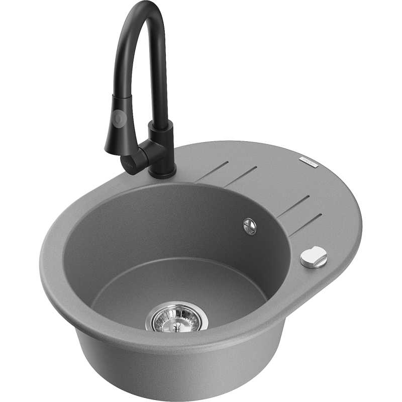 Mexen Kevin chiuvetă de bucătărie din granit cu 1 cuvă, cu uscător și baterie de bucătărie Elia, gri - 6517-71-670101-70