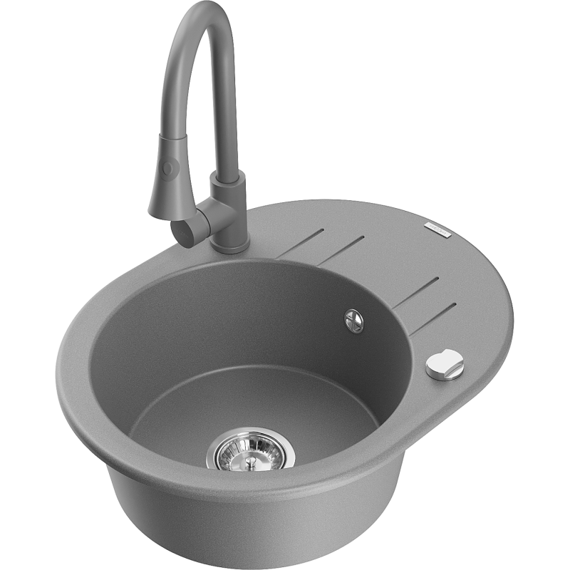 Mexen Kevin chiuvetă de granit cu 1 compartiment cu scurgător și baterie de bucătărie Elia, gri - 6517-71-670101-71