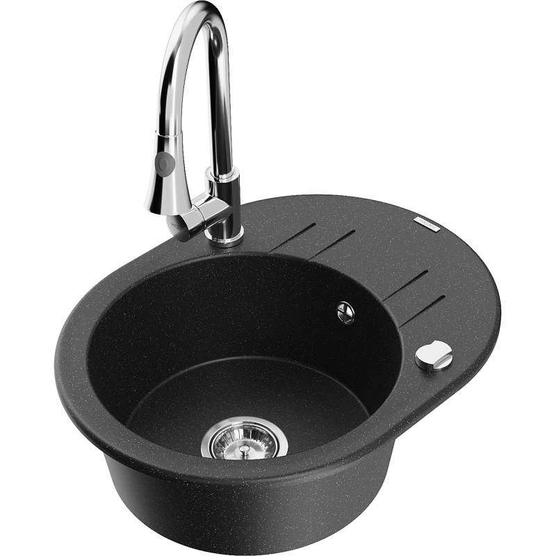 Mexen Kevin chiuvetă din granit cu 1 compartiment cu scurgător și baterie de bucătărie Elia, negru/argintiu metalic