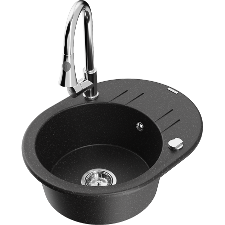 Mexen Kevin chiuvetă din granit cu 1 compartiment cu scurgător și baterie de bucătărie Elia, negru/argintiu metalic