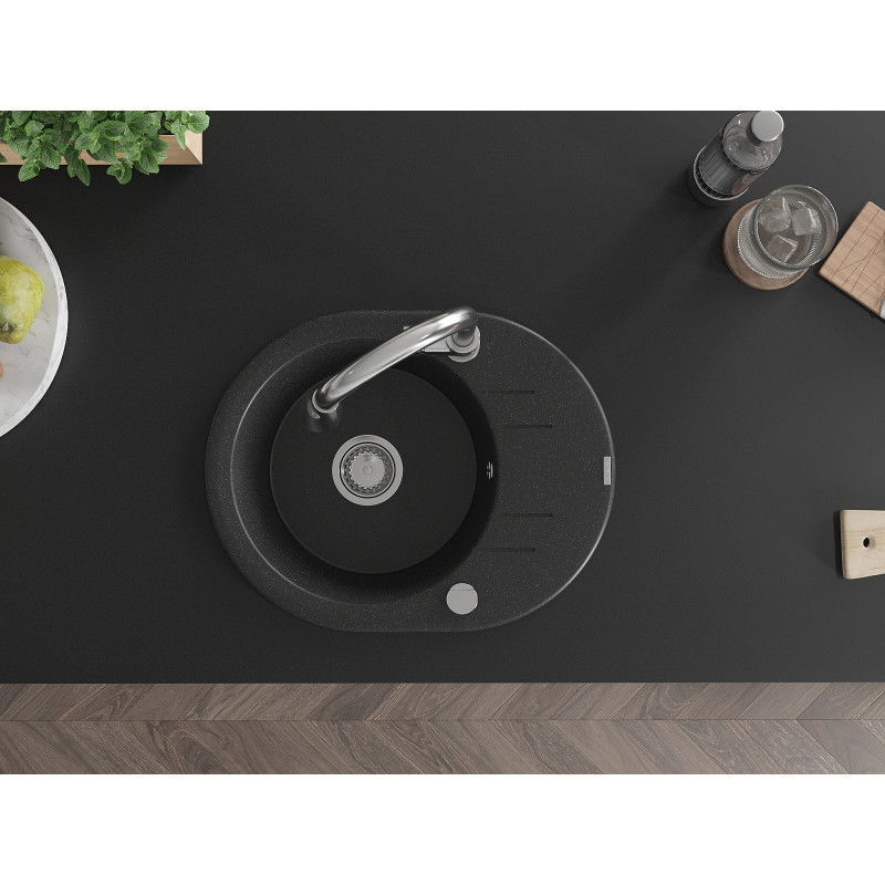 Mexen Kevin chiuvetă din granit cu 1 compartiment cu scurgător și baterie de bucătărie Elia, negru/argintiu metalic