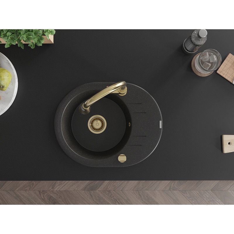 Mexen Kevin gránit egytálcás mosogató csepegtetővel és Elia konyhai csapteleppel, fekete/ezüst metál - 6517-73-670101-50