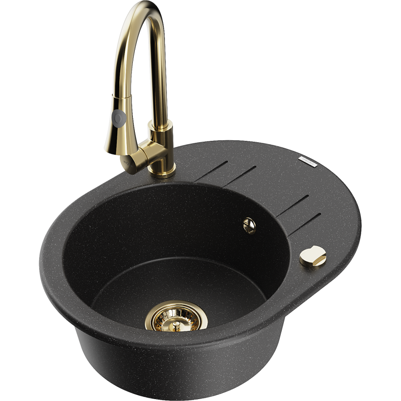 Mexen Kevin chiuvetă de granit cu o singură cameră cu picurător și baterie de bucătărie Elia, negru/argintiu metalizat