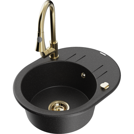 Mexen Kevin chiuvetă de granit cu o singură cameră cu picurător și baterie de bucătărie Elia, negru/argintiu metalizat