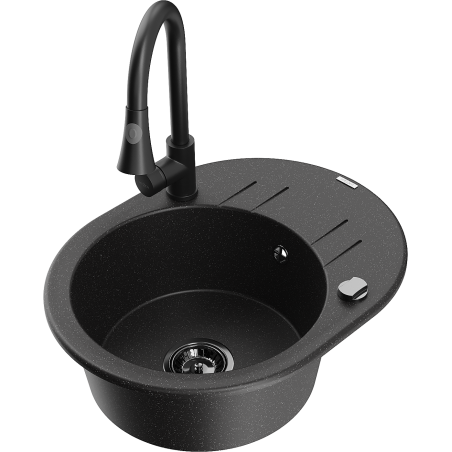 Mexen Kevin chiuvetă de granit cu o singură cuvă, cu scurgător și baterie de bucătărie Elia, negru/metalizat argintiu