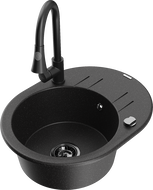 Mexen Kevin chiuvetă de granit cu o singură cuvă, cu scurgător și baterie de bucătărie Elia, negru/metalizat argintiu