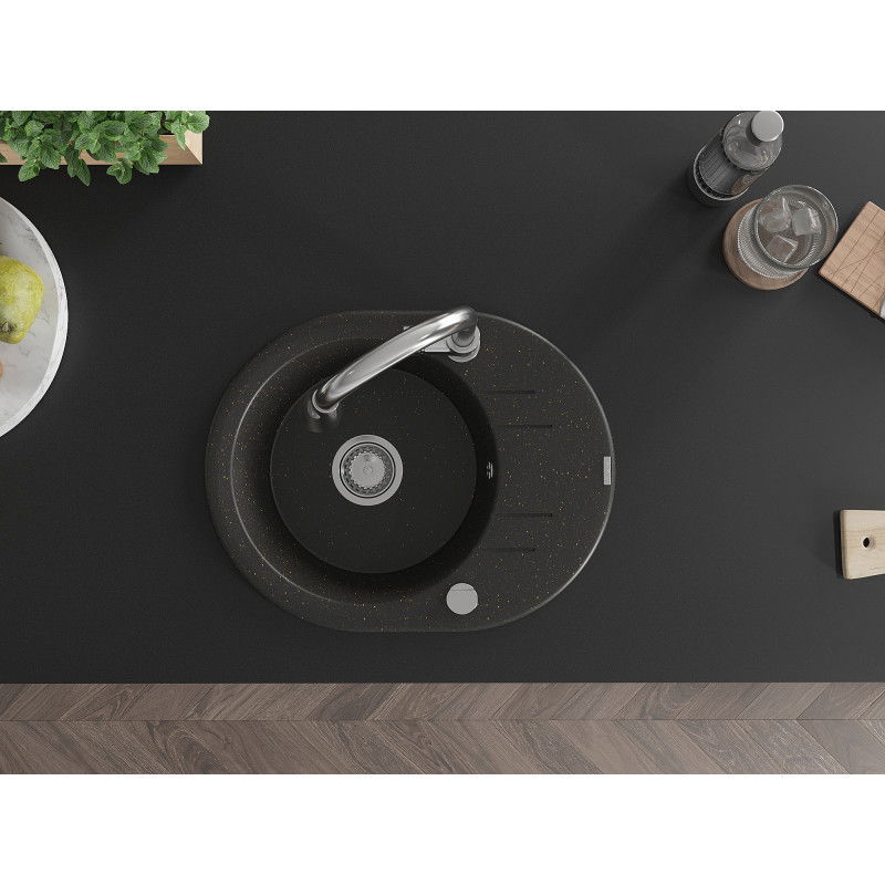 Mexen Kevin 1 rekeszes gránit mosogató csepegtetővel és Elia konyhai csapteleppel, fekete/arany metál - 6517-75-670101-00