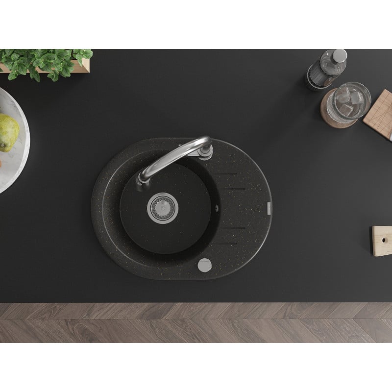 Mexen Kevin chiuvetă de bucătărie din granit cu o singură cuvă, cu picurător și baterie de bucătărie Elia, negru/auriu