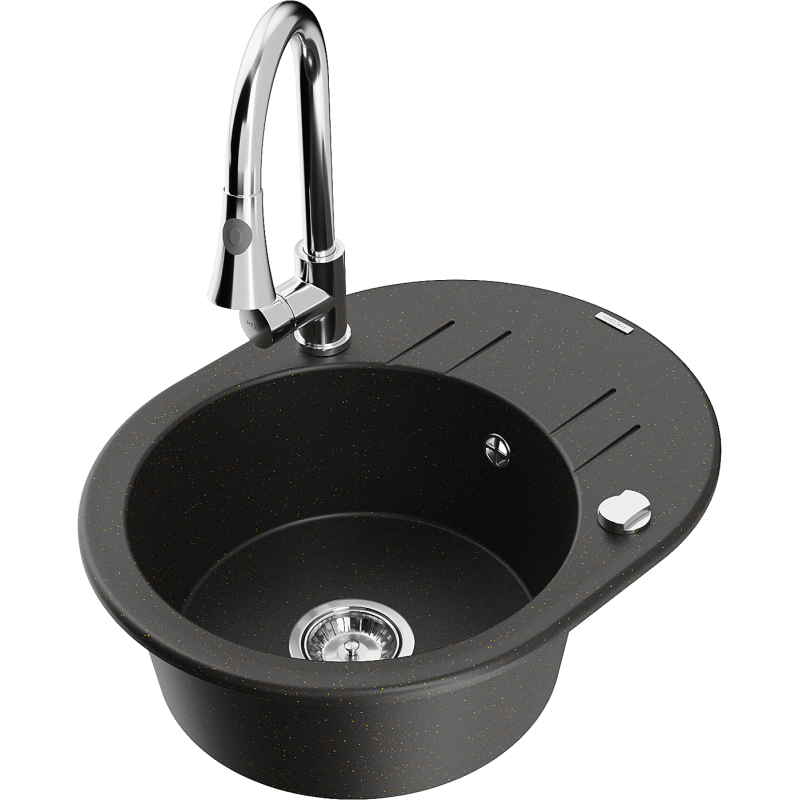 Mexen Kevin 1 rekeszes gránit mosogató csepegtetővel és Elia konyhai csapteleppel, fekete/arany metál - 6517-75-670101-00