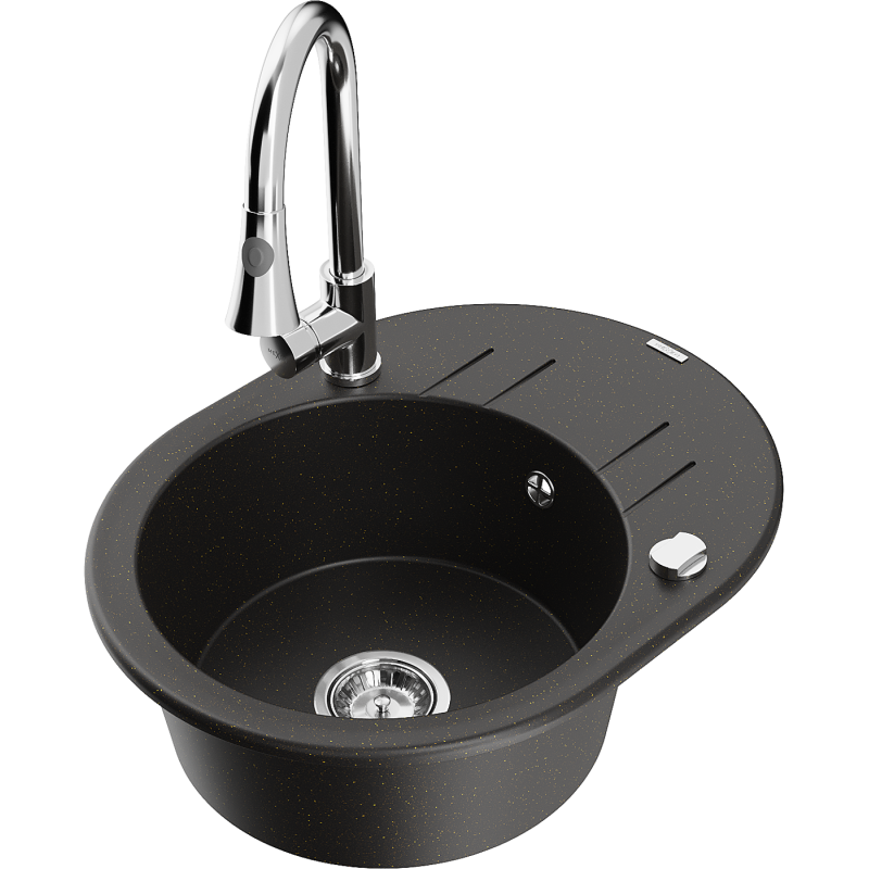 Mexen Kevin chiuvetă de bucătărie din granit cu o singură cuvă, cu picurător și baterie de bucătărie Elia, negru/auriu