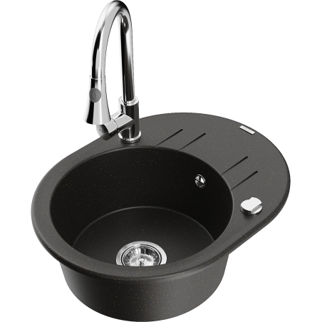 Mexen Kevin chiuvetă de bucătărie din granit cu o singură cuvă, cu picurător și baterie de bucătărie Elia, negru/auriu