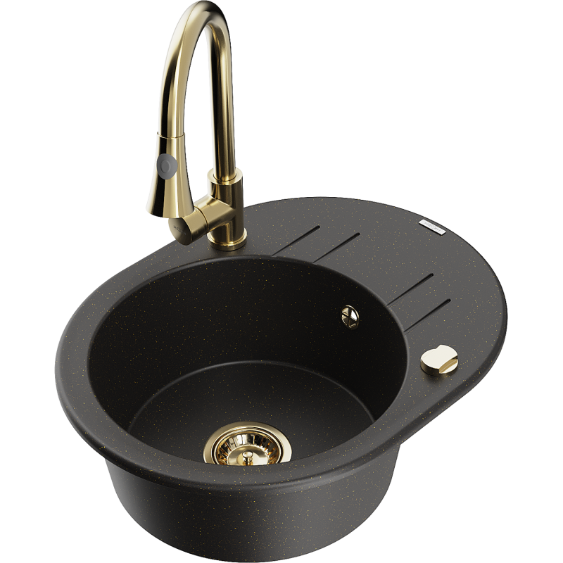 Mexen Kevin chiuvetă de granit cu 1 compartiment cu picurător și baterie de bucătărie Elia, negru/auriu metalic