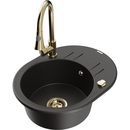 Mexen Kevin chiuvetă de granit cu 1 compartiment cu picurător și baterie de bucătărie Elia, negru/auriu metalic