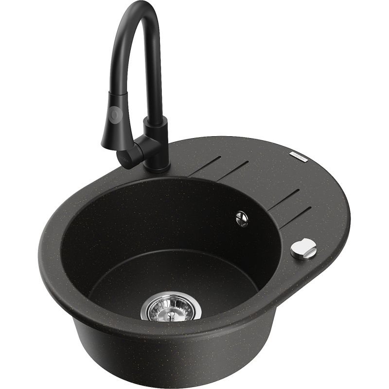 Mexen Kevin chiuvetă de granit cu 1 compartiment cu scurgător și baterie de bucătărie Elia, negru/auriu metalic