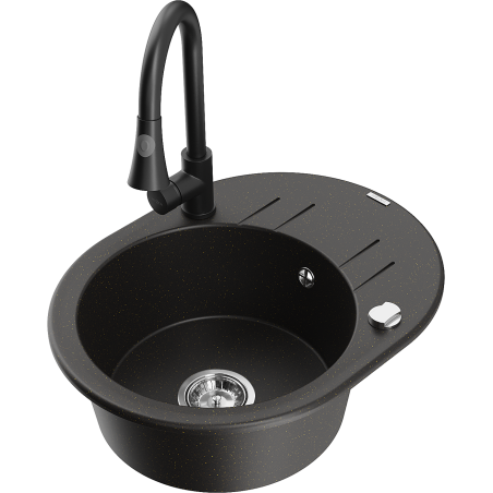 Mexen Kevin chiuvetă de granit cu 1 compartiment cu scurgător și baterie de bucătărie Elia, negru/auriu metalic