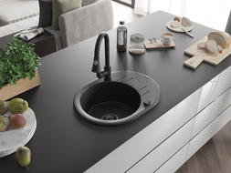 Chiuvetă granit Mexen Kevin cu 1 cuvă, scurgător și baterie de bucătărie Elia, negru/or metalic - 6517-75-670101-70-B