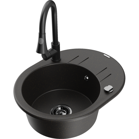 Mexen Kevin gránit mosogató 1-medencés csepegtetővel és konyhai csappal Elia, fekete/arany metál - 6517-75-670101-70-B