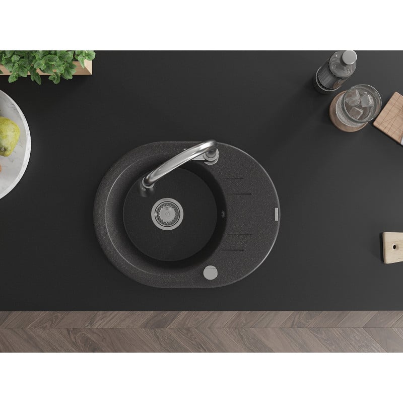 Mexen Kevin chiuvetă de granit cu 1 compartiment, cu scurgător și baterie de bucătărie Elia, negru pătat
