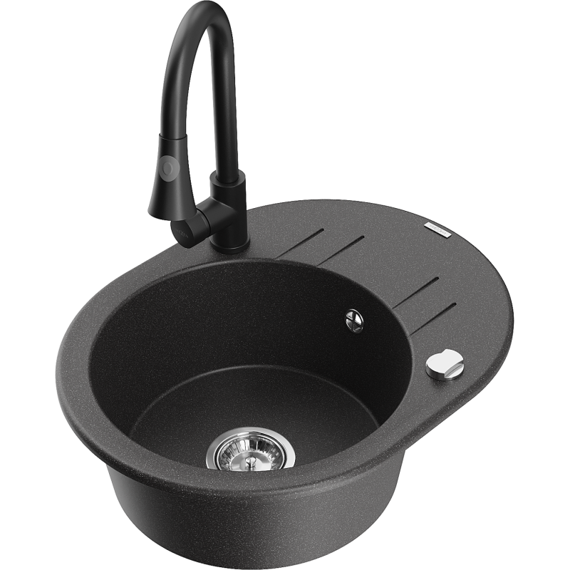 Mexen Kevin chiuvetă de granit cu 1 compartiment cu picurător și baterie de bucătărie Elia, negru cu picățele