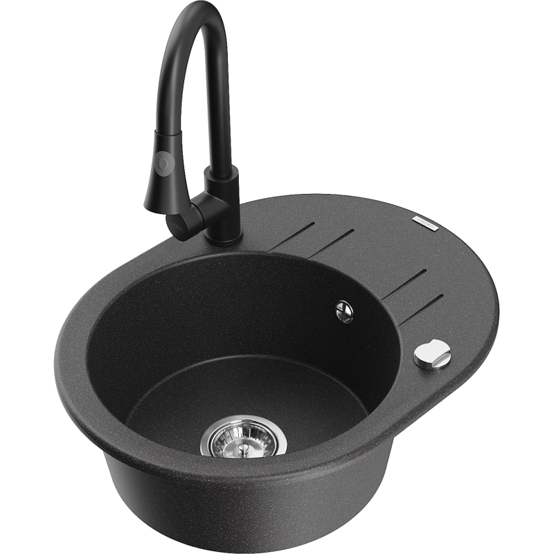 Mexen Kevin egykamrás gránit mosogató csepegtetővel és Elia konyhai csappal, fekete foltos - 6517-76-670101-70