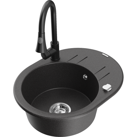 Mexen Kevin chiuvetă de granit cu 1 compartiment cu picurător și baterie de bucătărie Elia, negru cu picățele