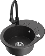 Mexen Kevin chiuvetă de granit cu 1 compartiment cu picurător și baterie de bucătărie Elia, negru cu picățele