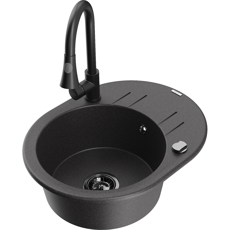 Mexen Kevin chiuvetă de bucătărie din granit cu 1 compartiment cu scurgător și baterie Elia, neagră cu pete